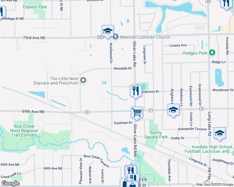 map of restaurants, bars, coffee shops, grocery stores, and more near 6969 Knollwood Drive in Mounds View
