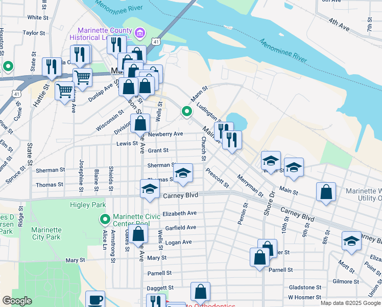 map of restaurants, bars, coffee shops, grocery stores, and more near 1430 Sherman Street in Marinette