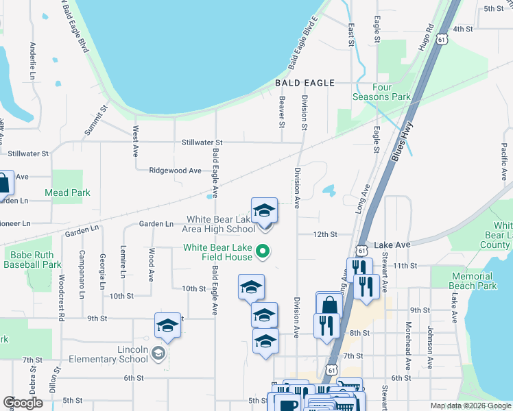 map of restaurants, bars, coffee shops, grocery stores, and more near 5040 Bald Eagle Avenue in White Bear Lake
