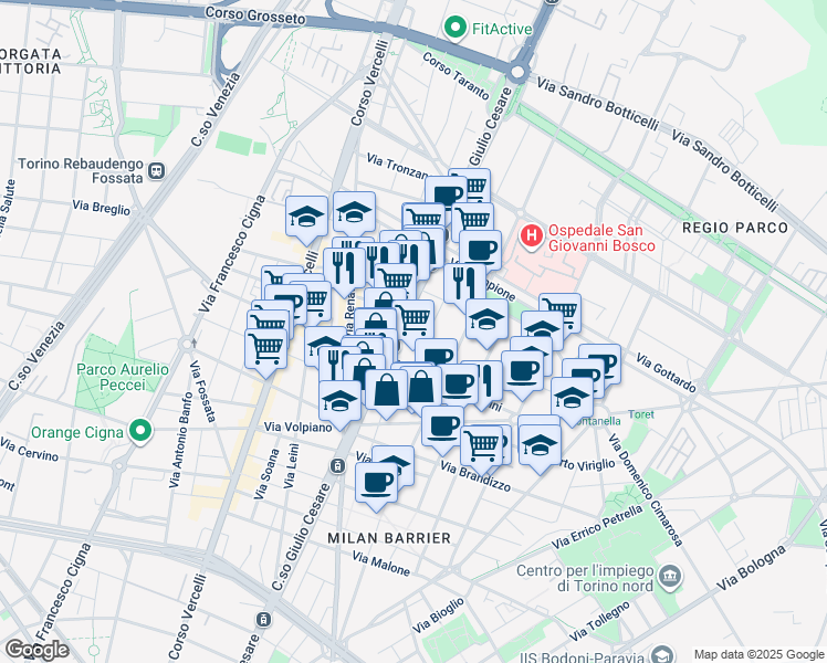 map of restaurants, bars, coffee shops, grocery stores, and more near 6 Via Calvi Pier Fortunato in Turin