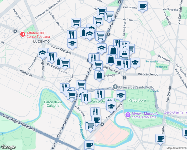 map of restaurants, bars, coffee shops, grocery stores, and more near 11 Via Pettinengo in Torino