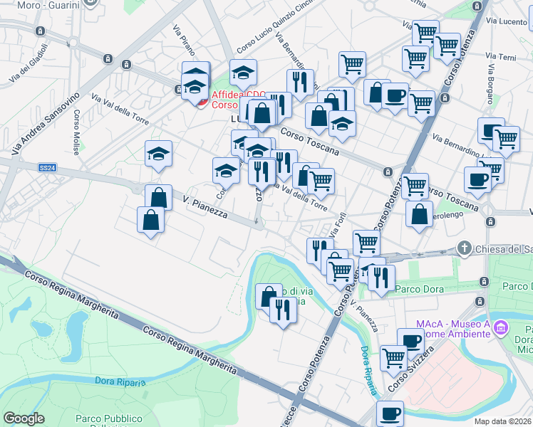 map of restaurants, bars, coffee shops, grocery stores, and more near 212 Via Verolengo in Torino