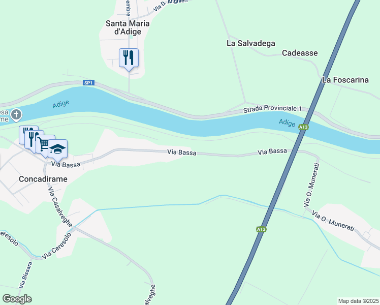 map of restaurants, bars, coffee shops, grocery stores, and more near Via Bassa in Concadirame