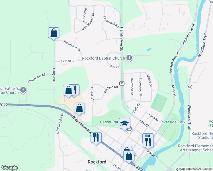 map of restaurants, bars, coffee shops, grocery stores, and more near 6621 Winfield Circle North in Rockford