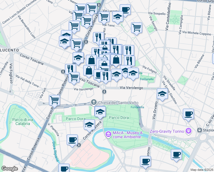 map of restaurants, bars, coffee shops, grocery stores, and more near in Turin