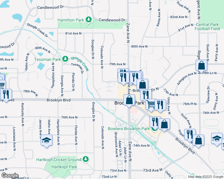 map of restaurants, bars, coffee shops, grocery stores, and more near 6009 78th Avenue North in Minneapolis