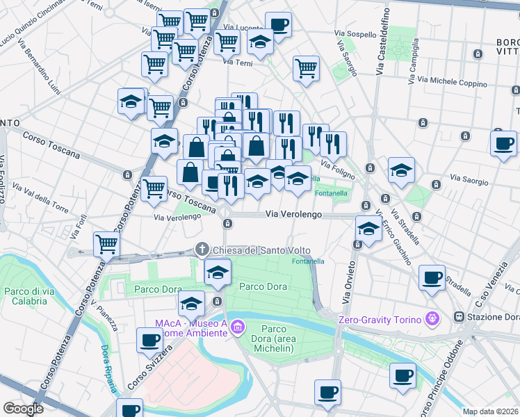 map of restaurants, bars, coffee shops, grocery stores, and more near 47 Via Gubbio in Turin