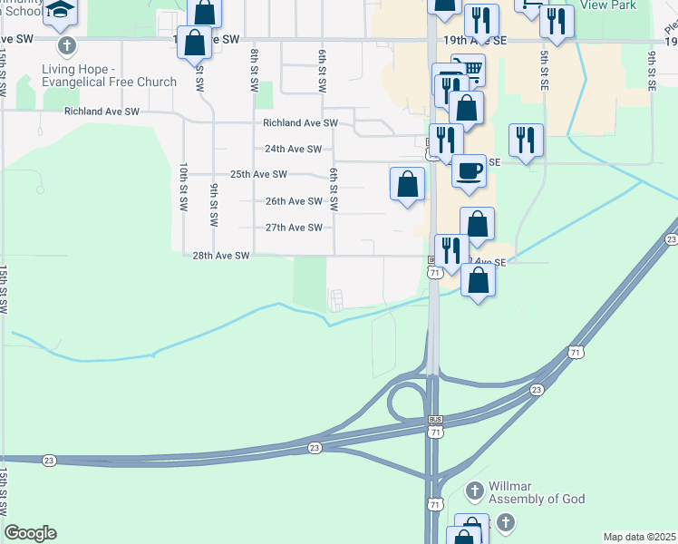 map of restaurants, bars, coffee shops, grocery stores, and more near 2713 6th Street Southwest in Willmar