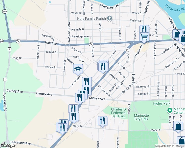 map of restaurants, bars, coffee shops, grocery stores, and more near 1034 Hockridge Street in Marinette