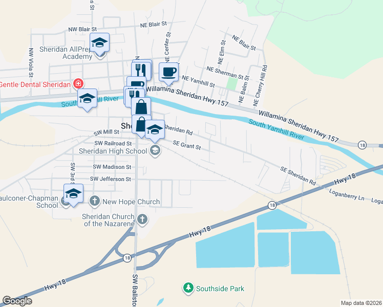 map of restaurants, bars, coffee shops, grocery stores, and more near 412 Southeast Grant Street in Sheridan