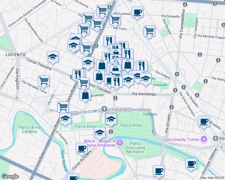 map of restaurants, bars, coffee shops, grocery stores, and more near 2 Corso Toscana in Torino