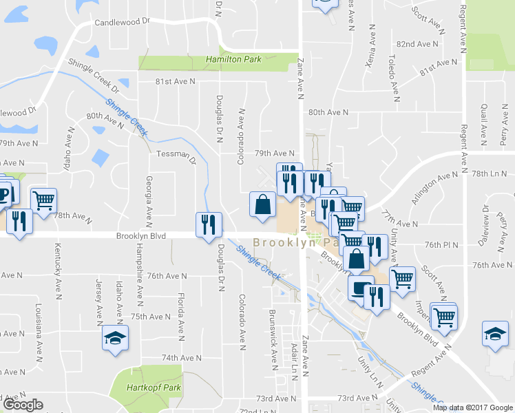 map of restaurants, bars, coffee shops, grocery stores, and more near 6009 78th Avenue North in Minneapolis