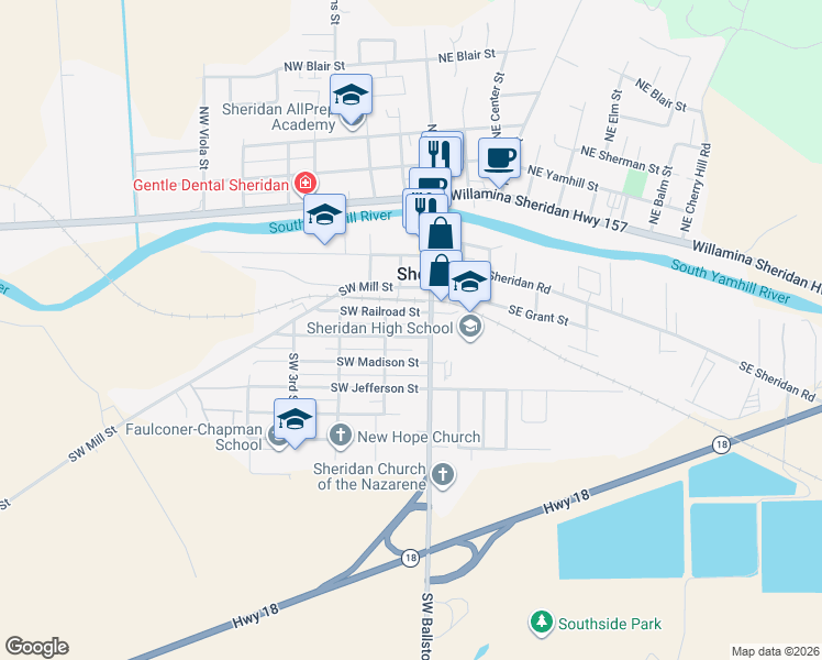 map of restaurants, bars, coffee shops, grocery stores, and more near 123 Southwest Harrison Street in Sheridan