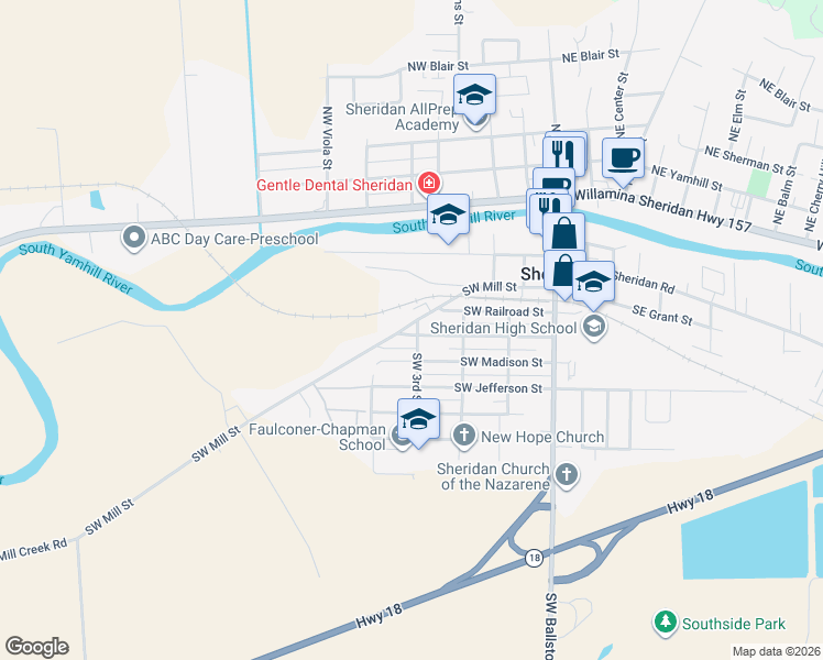 map of restaurants, bars, coffee shops, grocery stores, and more near 410 Southwest Mill Street in Sheridan