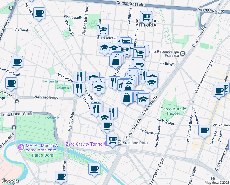 map of restaurants, bars, coffee shops, grocery stores, and more near 31 Via Vittoria in Turin