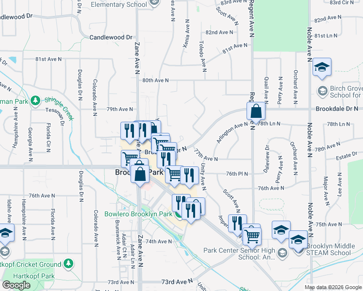 map of restaurants, bars, coffee shops, grocery stores, and more near 5544 Brookdale Drive North in Minneapolis