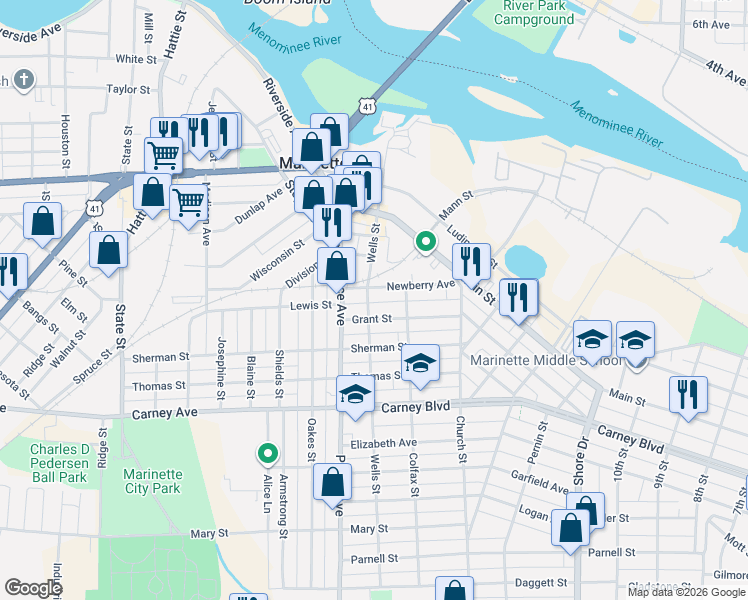 map of restaurants, bars, coffee shops, grocery stores, and more near 910 Wells Street in Marinette