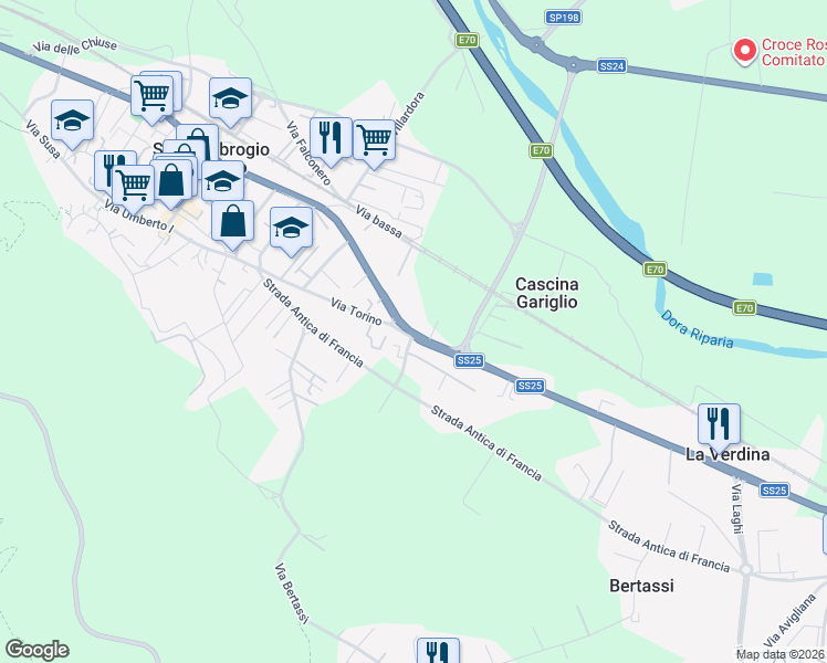 map of restaurants, bars, coffee shops, grocery stores, and more near SS25 in Sant'ambrogio di Torino