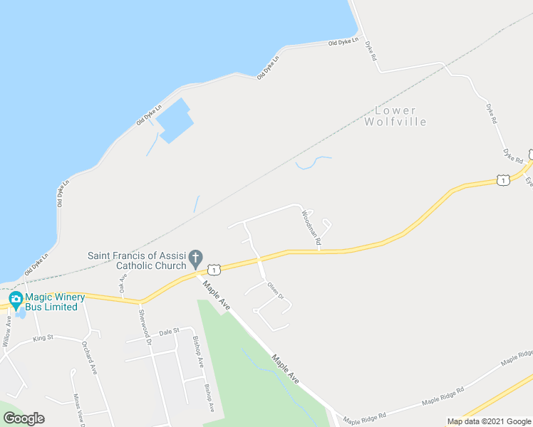 map of restaurants, bars, coffee shops, grocery stores, and more near Woodman Road in Wolfville