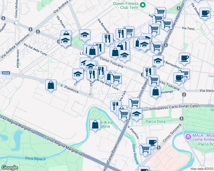 map of restaurants, bars, coffee shops, grocery stores, and more near 107 Via Val della Torre in Torino
