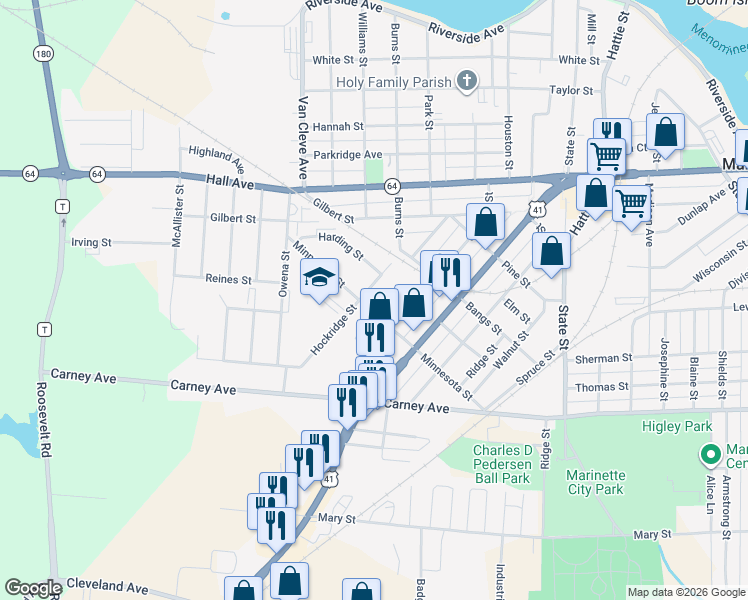 map of restaurants, bars, coffee shops, grocery stores, and more near 1034 Hockridge Street in Marinette