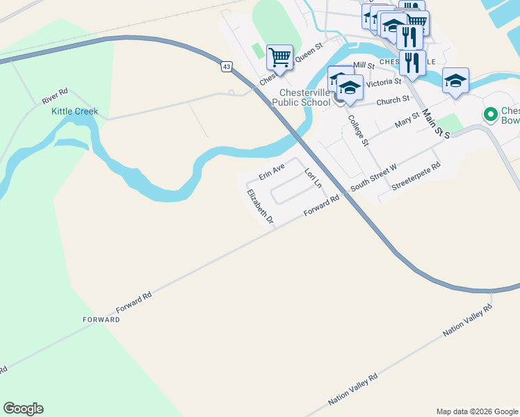 map of restaurants, bars, coffee shops, grocery stores, and more near 147 Elizabeth Drive in Chesterville
