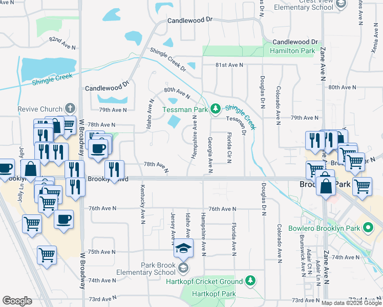 map of restaurants, bars, coffee shops, grocery stores, and more near 7733 Hampshire Avenue North in Minneapolis
