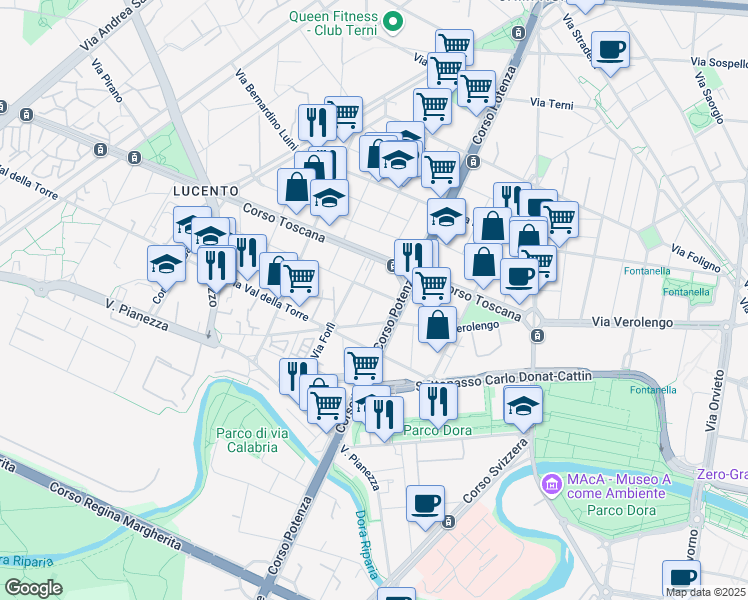 map of restaurants, bars, coffee shops, grocery stores, and more near 12 Via Mario Crimi in Torino