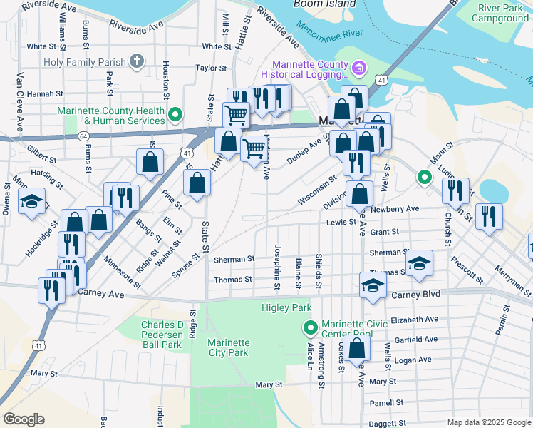 map of restaurants, bars, coffee shops, grocery stores, and more near 905 Madison Avenue in Marinette