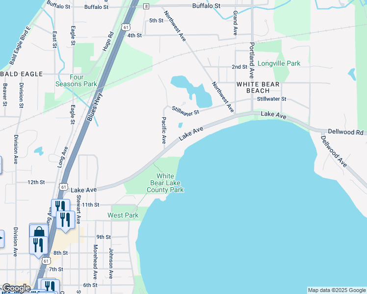 map of restaurants, bars, coffee shops, grocery stores, and more near 2453 Lake Avenue in White Bear Lake