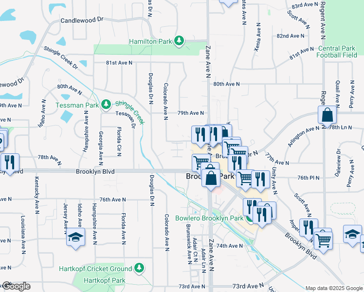map of restaurants, bars, coffee shops, grocery stores, and more near 6009 78th Avenue North in Minneapolis