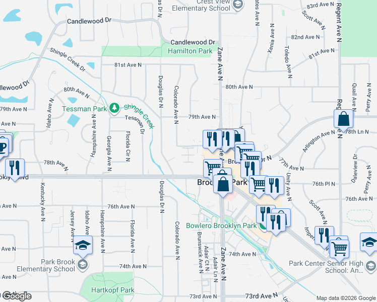 map of restaurants, bars, coffee shops, grocery stores, and more near 6009 78th Avenue North in Minneapolis