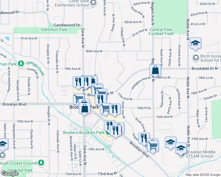 map of restaurants, bars, coffee shops, grocery stores, and more near 5544 Brookdale Drive North in Minneapolis