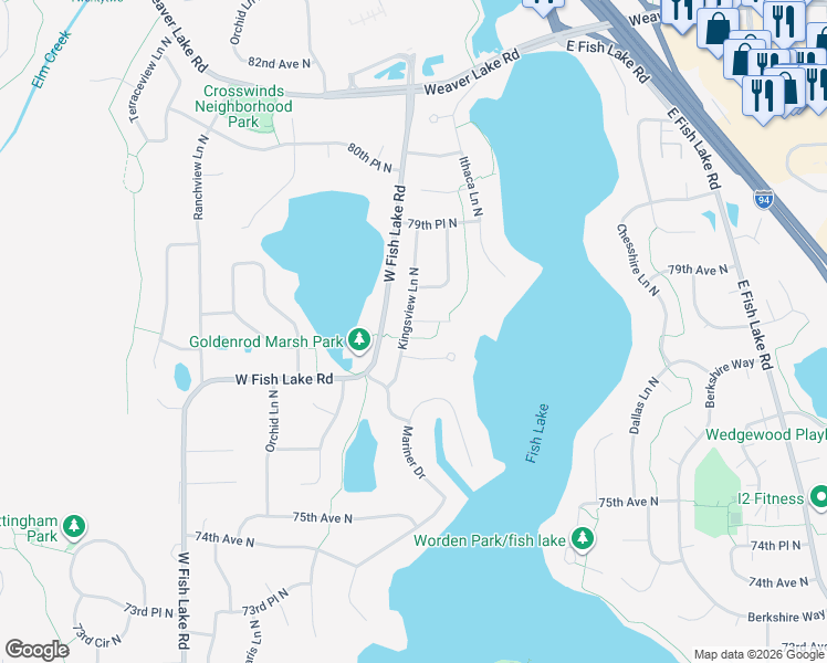 map of restaurants, bars, coffee shops, grocery stores, and more near 14803 78th Avenue North in Osseo