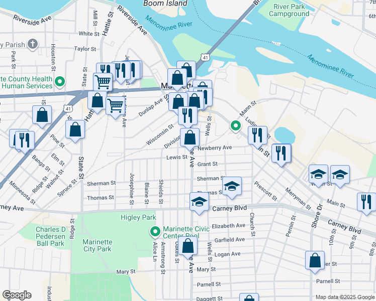 map of restaurants, bars, coffee shops, grocery stores, and more near 901 Pierce Avenue in Marinette