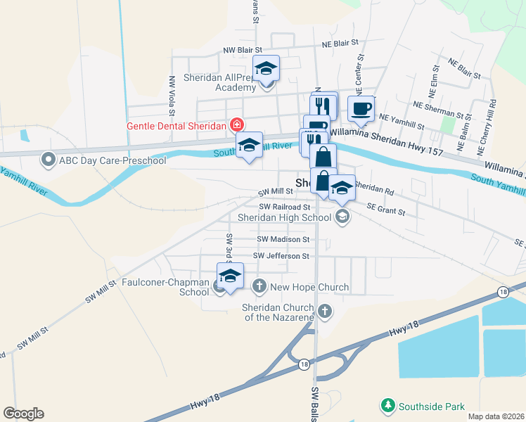 map of restaurants, bars, coffee shops, grocery stores, and more near 244 Southwest Railroad Street in Sheridan