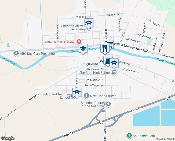 map of restaurants, bars, coffee shops, grocery stores, and more near 244 Southwest Railroad Street in Sheridan