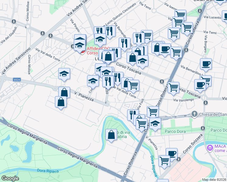map of restaurants, bars, coffee shops, grocery stores, and more near 6 Via Muzzano in Torino