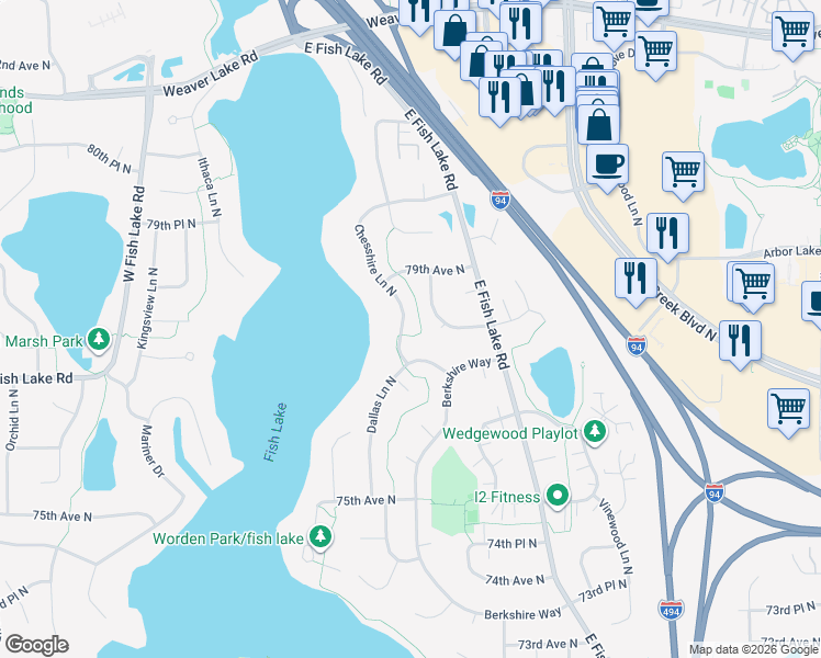 map of restaurants, bars, coffee shops, grocery stores, and more near 7822 Chesshire Lane North in Maple Grove