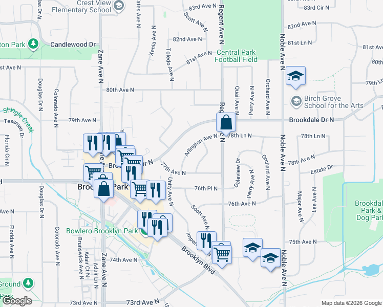 map of restaurants, bars, coffee shops, grocery stores, and more near 7740 Arlington Avenue North in Minneapolis