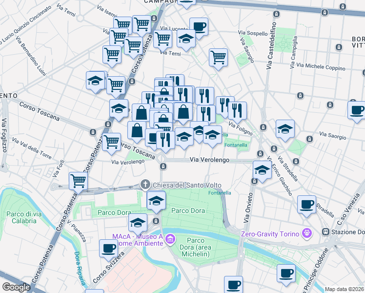 map of restaurants, bars, coffee shops, grocery stores, and more near 47 Via Gubbio in Torino