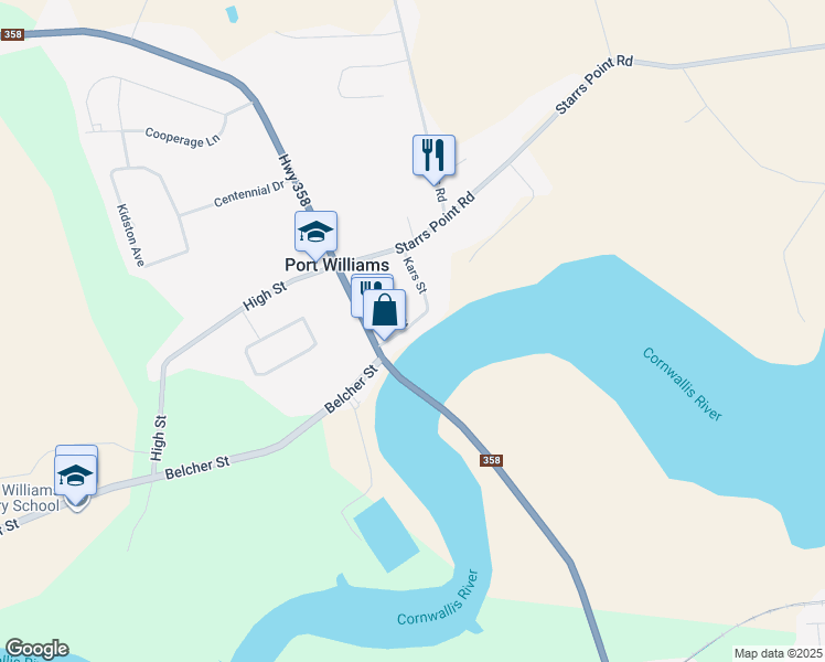 map of restaurants, bars, coffee shops, grocery stores, and more near 1104 Kars Street in Port Williams