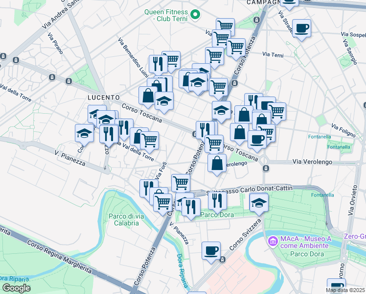 map of restaurants, bars, coffee shops, grocery stores, and more near 12 Via Mario Crimi in Torino