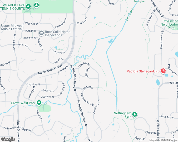 map of restaurants, bars, coffee shops, grocery stores, and more near 16572 77th Circle North in Maple Grove