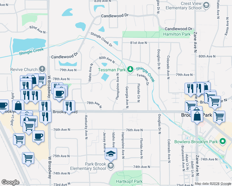 map of restaurants, bars, coffee shops, grocery stores, and more near 7733 Hampshire Avenue North in Minneapolis