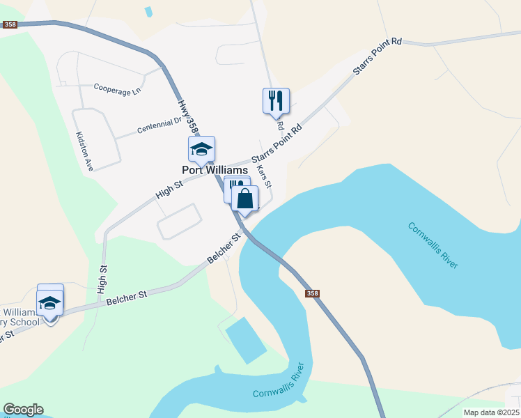 map of restaurants, bars, coffee shops, grocery stores, and more near 1116 Kars Street in Port Williams