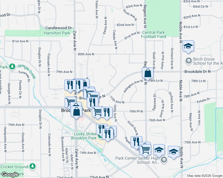 map of restaurants, bars, coffee shops, grocery stores, and more near 5425 Brookdale Drive North in Minneapolis