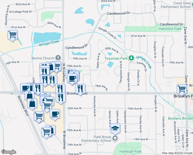 map of restaurants, bars, coffee shops, grocery stores, and more near 7724 Kentucky Avenue North in Minneapolis