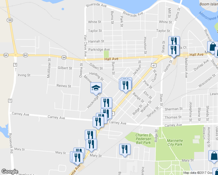 map of restaurants, bars, coffee shops, grocery stores, and more near 1034 Hockridge Street in Marinette