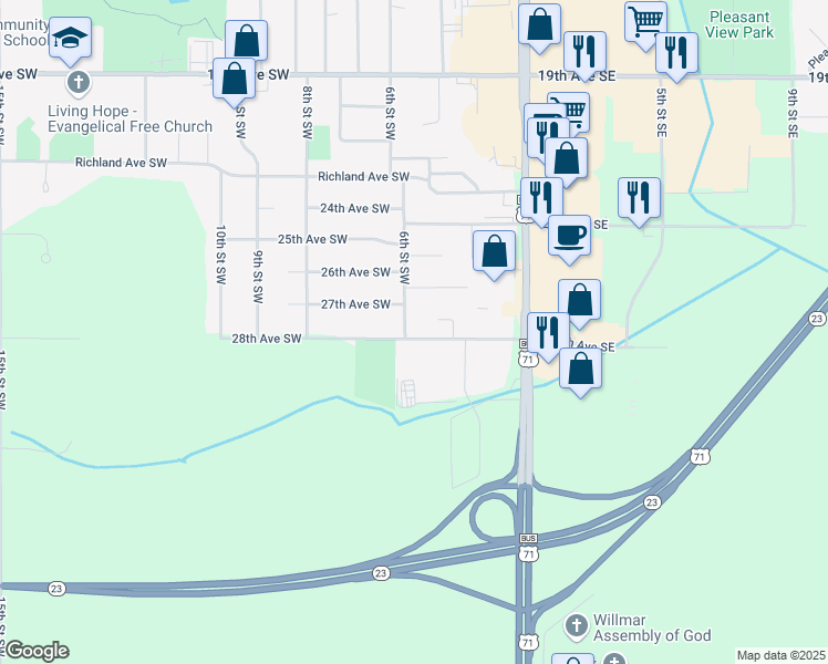 map of restaurants, bars, coffee shops, grocery stores, and more near 2713 6th Street Southwest in Willmar
